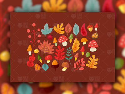 Autumn Leaves And Mushrooms Set acorn autumn berry cranberry leaves mushroom rosehip seasonal set tree vector walnut