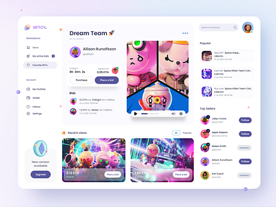 NFT Dashboard app apps bid cards collections dashboard eth follow menu nft place bid play sale sergushkin sergushkin.com sidebar video