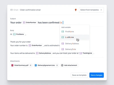 Automated emailing system with variables component design system dialog dropdown e commerce email interface mail chimp mailing menu modal order popover product design saas send lane system template variables web design