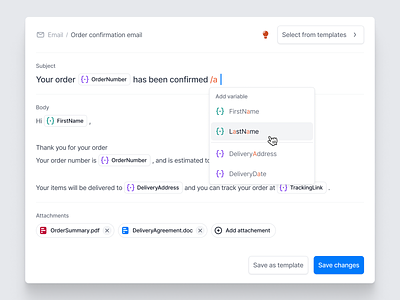 Automated emailing system with variables component design system dialog dropdown e commerce email interface mail chimp mailing menu modal order popover product design saas send lane system template variables web design