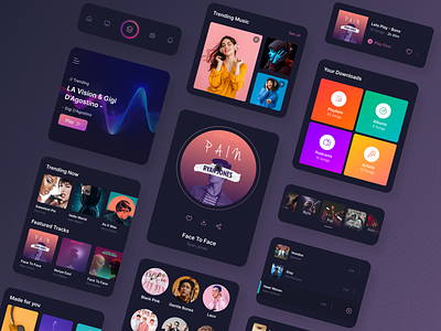 Music app ui and components albums app ui branding clean components dailyui design figma menu mobile music music app music player musician playlist podcasts singer songs ui ux