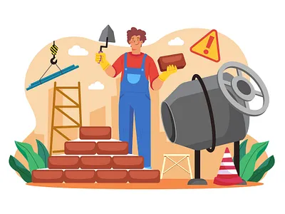 Man Builder With Trowel Laying Bricks In Wall working people