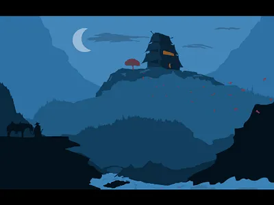 Chinese landscape art art chinese graphic design horse illustration mountain night sakura style