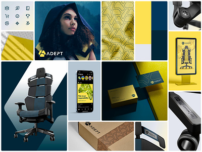 ADEPT Brand Board adapt adept branding chair design gaming gg green logo mark modular yellow
