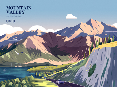 Mountain car illustration landscape mountain river sea vally