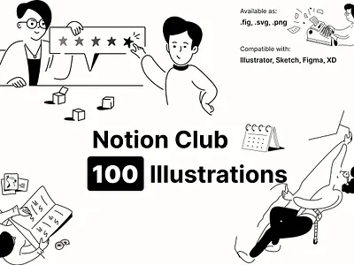 Notion Club 100 Illustrations Pack article blog calendar chat creative delivery ecommerce faq finance hero illustration landing login notion office payment shop svg vector website