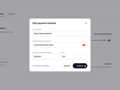 💳 Payment Details Modal billing clean ui credit card design desktop fintory interface modal payment ui ux