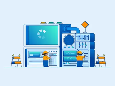 Testing in Production abstract branding character computer graphic design illustration illustrator mini repair super computer testing vector