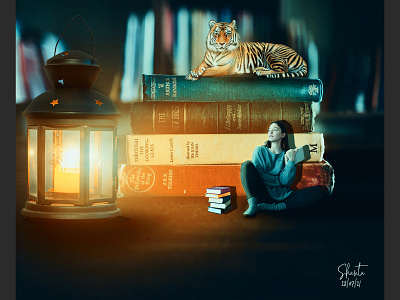 Photo Manipulation books branding design dreamy flatdesign girl graphic design horrible illusion lamp manipulation night photo photoshop reading satisfaction smart tiger ui unique