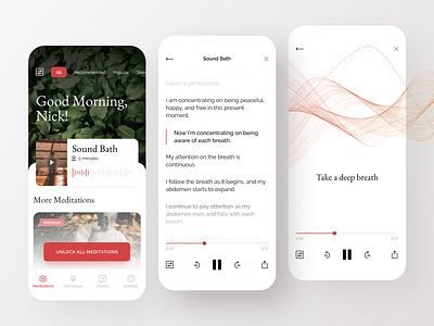 Meditation & Techniques App 3d animation calm card design cards clean design figma flat gallery illustration interface light meditation minimalist navigate red sound ui ux