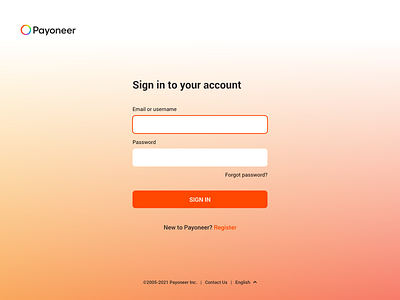 Payoneer Login Screen bank ui dashboard dashboard design login form login screen modern login modern signin orange dashboard orange ui payment ui payoneer payoneer ui screen sign in ui ui ui ux website login website signin