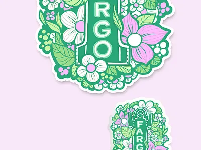 Flowery Fargo | Sticker Illustration 1960s branding cartoon cartoon art cute digital painting fargo fargo nd fargo theatre floral flowers graphic design green groovy illustration mid century mod floral north dakota pink sticker