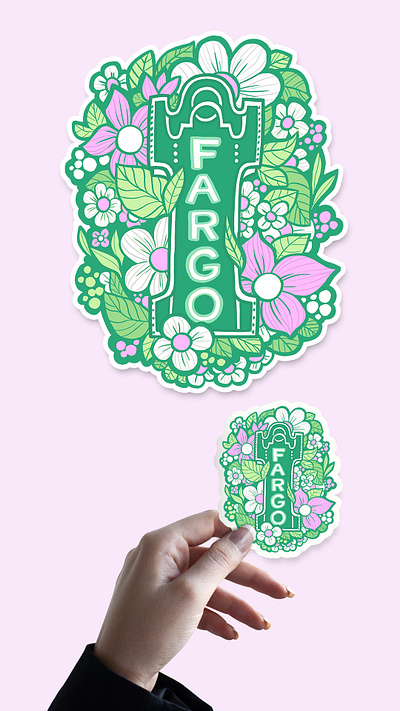 Flowery Fargo | Sticker Illustration 1960s branding cartoon cartoon art cute digital painting fargo fargo nd fargo theatre floral flowers graphic design green groovy illustration mid century mod floral north dakota pink sticker