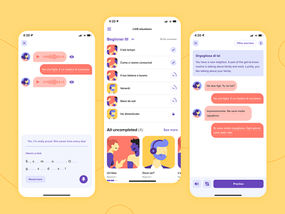 Speakly - LIVE-situations avatar chat chat bubble chatbot education hint illustration language app language learning languages learning listing mobile app recording speechbubble talking translation ui ux voice recognition