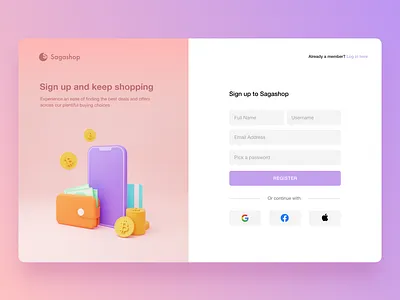 Sign Up Page for Sagashop 3d 3d icon 3d illustration log in purple registration sign in ui uiux ux webdesign website