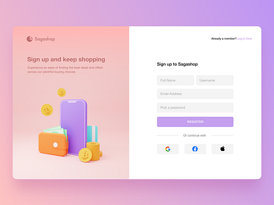 Sign Up Page for Sagashop 3d 3d icon 3d illustration log in purple registration sign in ui uiux ux webdesign website