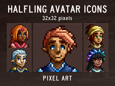 Halfling Avatar Icons Pixel Art 2d 32x32 art asset assets avatar fantasy game gamedev icon icone icons indie game pixel pixelart pixelated portrait rpg set sets