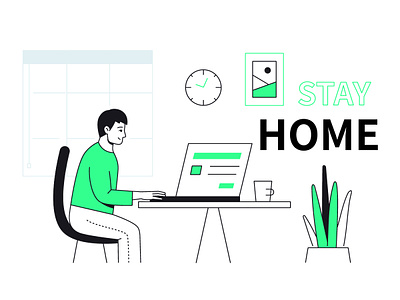 Stay home illustration design desk flat design home illustration laptop line manager office online outline style vector work