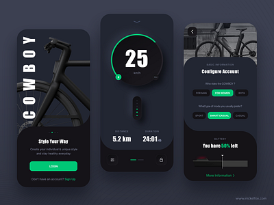 COWBOY E-Bike App 3d analytic animation branding dark app design e bike flat gradient graphic design illustration landing page logo minimal mobile design navigation onboarding scooter ui ux