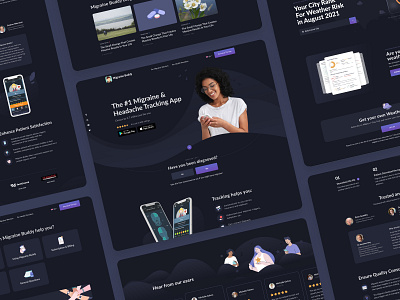 Website for Migraine Buddy - Migraine & Headache Tracking App app dark ui design design studio health healthcare home page illustration interface intro layout mobile app tracking ui ux website