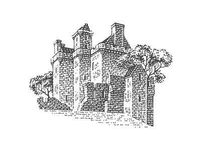 Balvaird Castle black and white castle engraving etching graphic design illustration label logo pen and ink scratchboard vector engraving woodcut