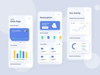 Cloud storage application design concept. activity app blue clean cloud storage colorful dashboard design grey illustration minimal mobile professional ui ux white