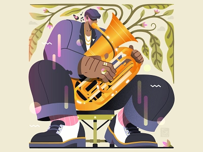 Birds, Plants & Music - The Tuba Player bird birds character fashion flat flower flowers giant illustratio illustration instrument jewels music musician nature plant plants tuba vector vintage