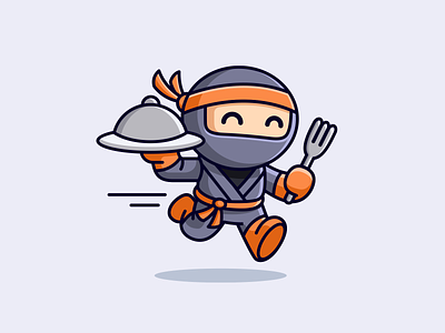 Order Ninja adorable character culinary cute delivery eat fast food fork happy illustrative japan logo mascot ninja order quickly restaurant running speed
