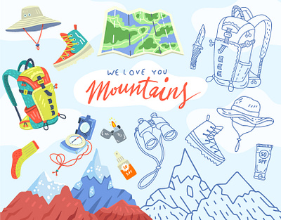 We love you, mountains cartoon clothes cute design doodle flat gear hiking illustration lines mountains vector
