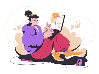 Pretty girl writing email on laptop branding business character concept conect design female flat gadget girl home illustration internet kit8 laptop massege smile style woman work