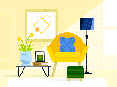 Mid-century living space decor design furniture halftone illustration interior design ipad livingroom midcentury procreate sunlight yellow