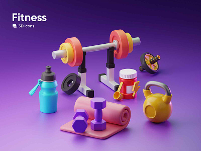 Fitness 3D icons 3d bag barbell dumbbells fitness gym heart icon illustration kit8 sport