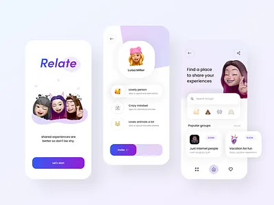 Mobile App Design - Relate 2021 2021 design 2021 trend alphadesign clean clean app design design designs illustration julius branding logo mobile modern modern app trend app trends trendy trendy app design ui ux