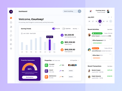 Homey - Property Management Dashboard apartment applications chart clean ui dashboard design management property property income real estates schedule statistics task transaction ui ux web web design