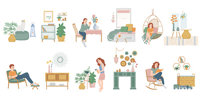 Lagom life icons set care flat illustration lifestyle plant vector