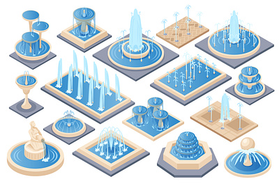 Fountain icons set fountain illustration isometric landscape vector water