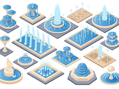 Fountain icons set fountain illustration isometric landscape vector water