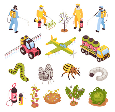 Farm pest control set control farm illustration isometric pest vector