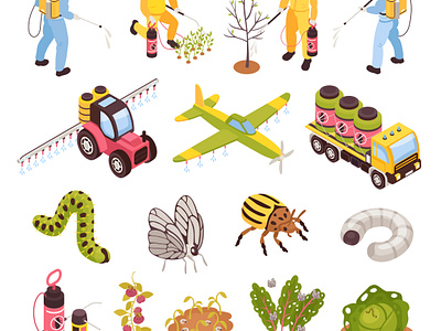 Farm pest control set control farm illustration isometric pest vector