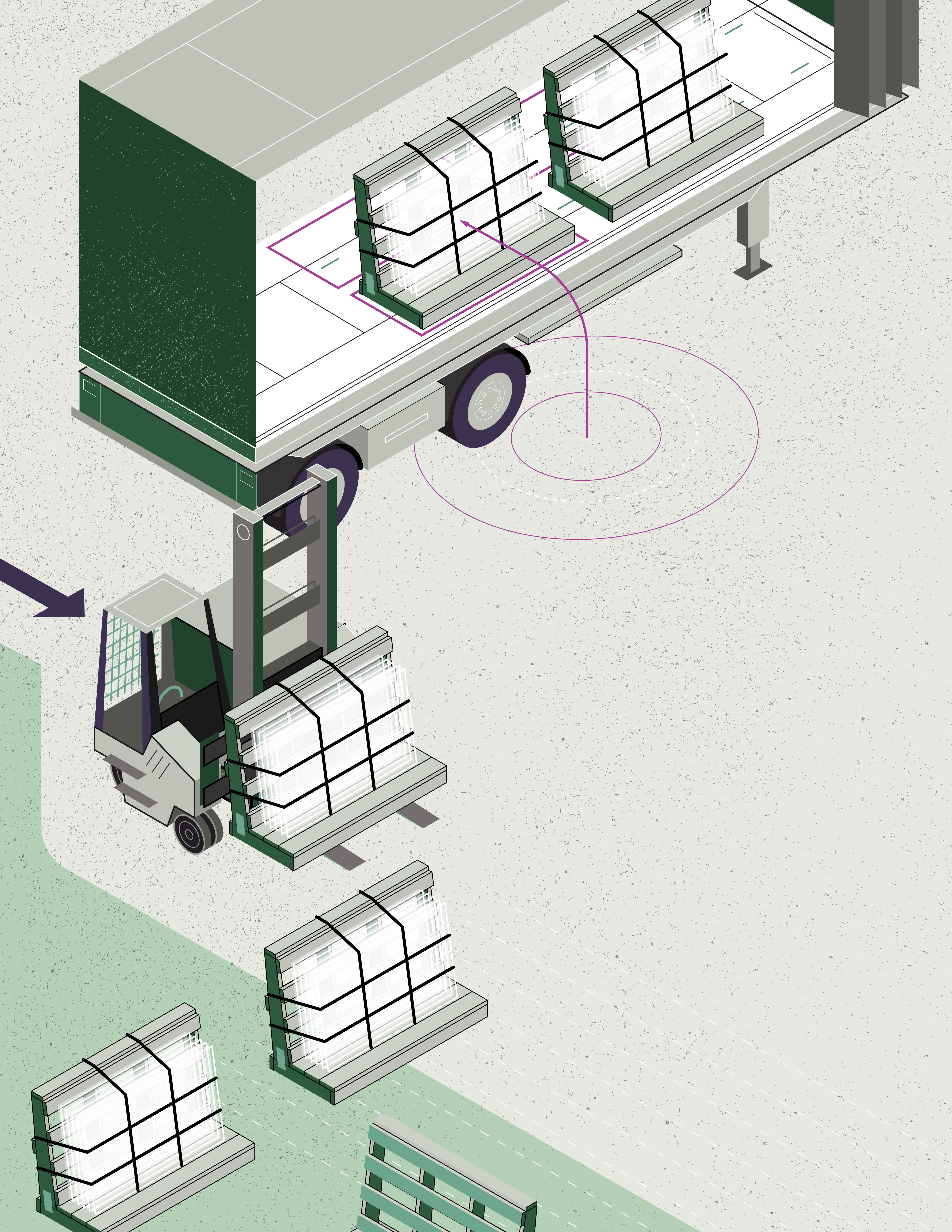 Brand Illustrations for Industrial Shipping Company art direction branding design digital illustration equipment graphic design green illustration industrial industry isometric packaging shipping stylized trucks