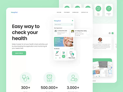 Hospital App Landing Page animation app clean design explore hospital landing page motion graphics ui ux