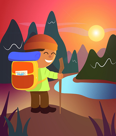 Backpacker adventure backpacker bright cartoon colorful cute design digital design graphic design happy hiker illustration mountains outdoors sunset wanderlust warm