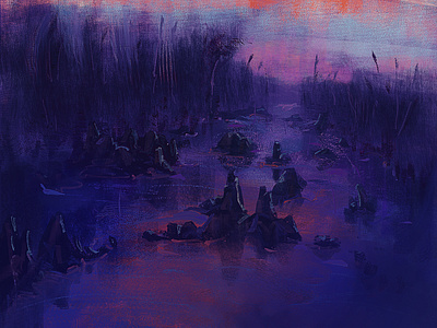 Lake illustration impressionism lake landscape oil painting sunset texture water