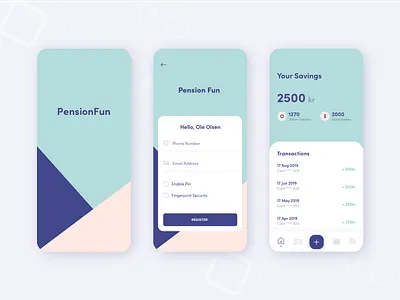 PensionFun - Mobile Savings App app financial fintech flat funds geometric design ios login minimal mobile mobile app money register savings transactions ui ui design ux design