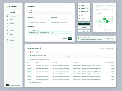 Kubecost - components button components dashboard date picker design system kubecost menu modal product design product designer saas table ui ux web design