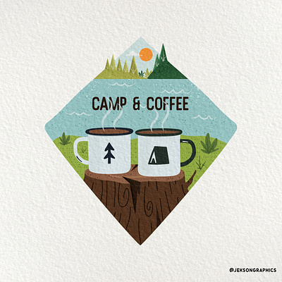 Camp & Coffee | Retro Badge Design with Textures adventure badge camp camping coffee cup design emblem enamel illustration logo mug vector vintage