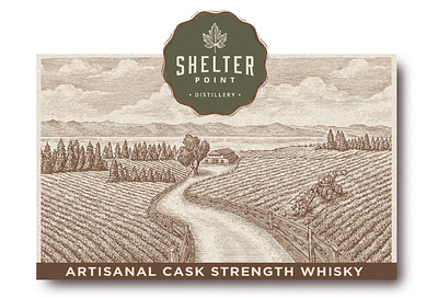 Shelter Point Distillery rendered by Steven Noble artwork design engraving etching illustration line art logo pen and ink scratchboard steven noble