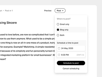 Sincere 3drops article blog blog post email minimal post preview schedule schedule to post ui ux white write