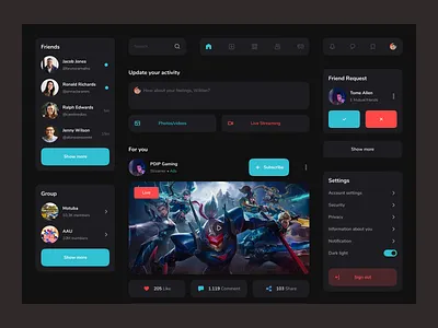 Social media website clean dark design flat social media ui ux web website