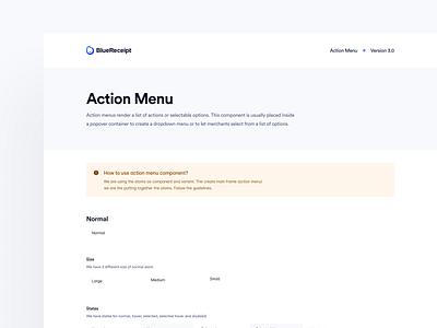 BlueReceipt’s Design System: Pangea ✶ Action Menu action list action menu blue blue pangea design system bluereceipt component design system dropdown hand off presentation